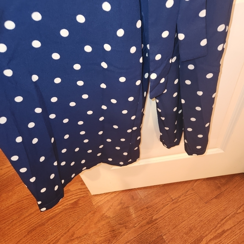 June & Hudson Navy Jumpsuit White Polka Dots Size L/XL Flutter Sleeves Wide Leg - Picture 6 of 9
